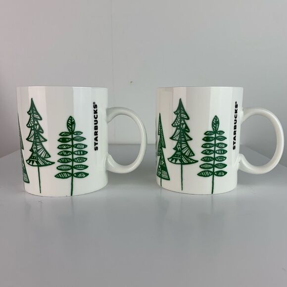 Starbucks 2015, 2 Christmas Tree Holiday Coffee Cup Mug 12 oz Pine Evergreen - Picture 1 of 7